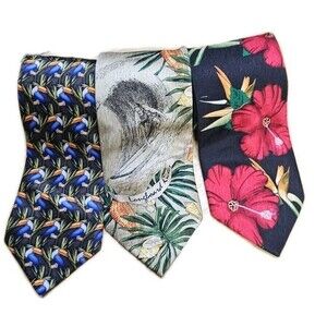 Lot 3 Tropicals By Tango Silk Neckties Wide 4" Toucan Hibiscus Surfer Hawaiian